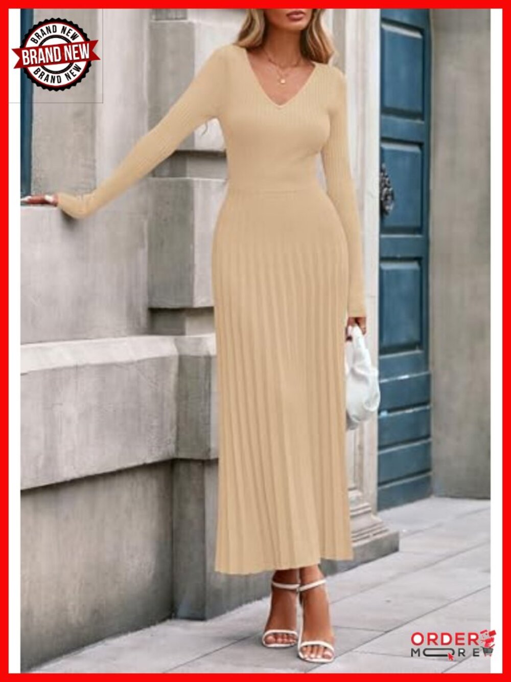 PRETTYGARDEN Sweater Dress Long Sleeve V-Neck Maxi Pleated Fit & Flare - Picture 5 of 6